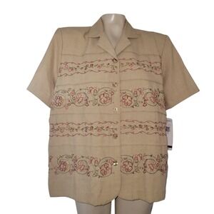 Alfred‎ Dunner Rattan Embroidered Floral Button Up Short Sleeve Blouse Top 12